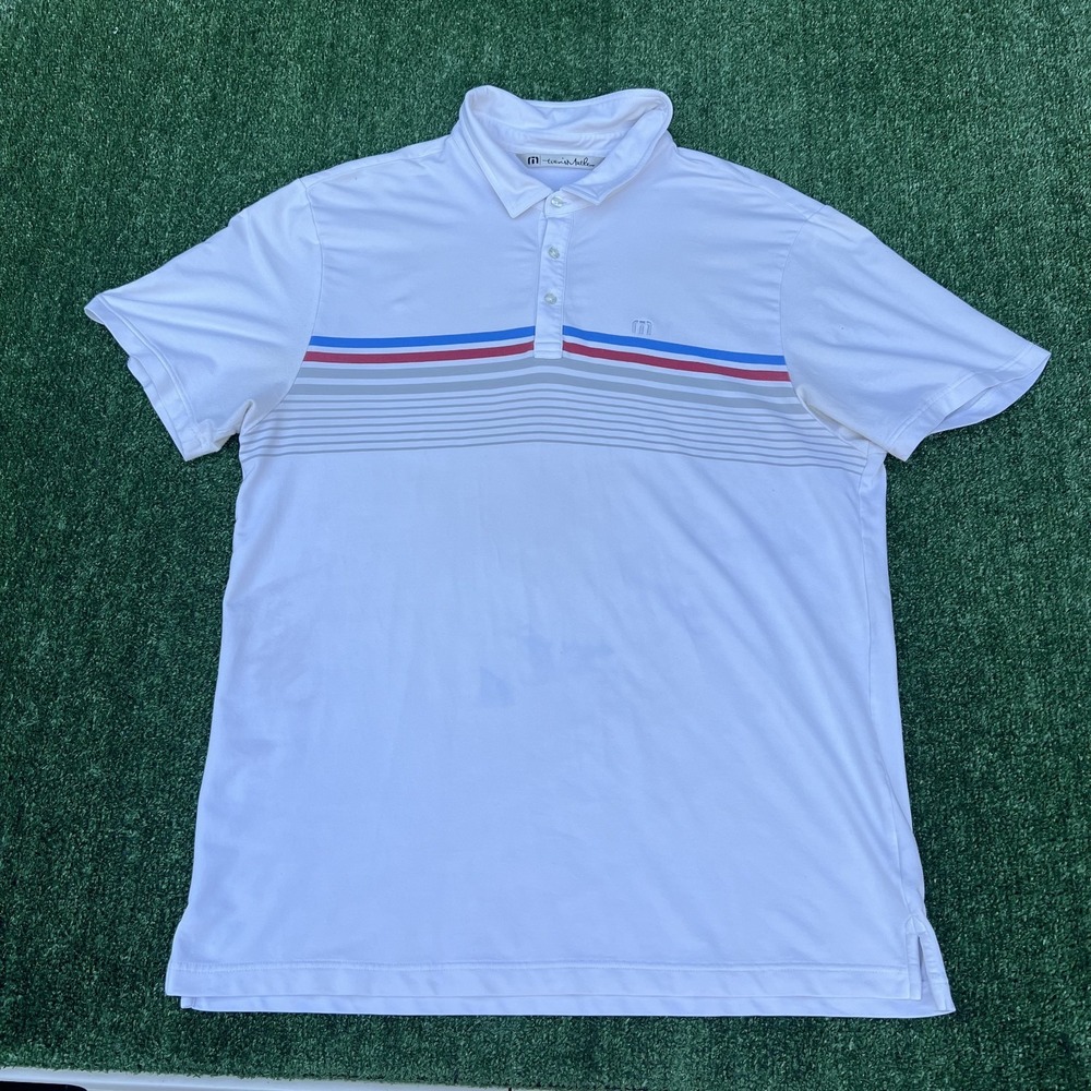 Travis Matthew Polo Golf Shirt Mens 2XL White Striped Stretch Preppy  *Stained
